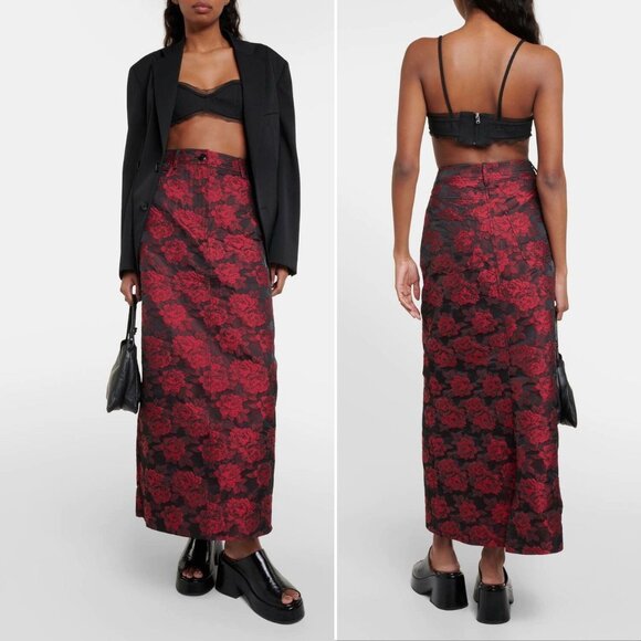 GANNI Floral Jacquard Maxi SKIRT Size 40 8 L High Risk Red Slit Pockets EUC - Picture 1 of 15